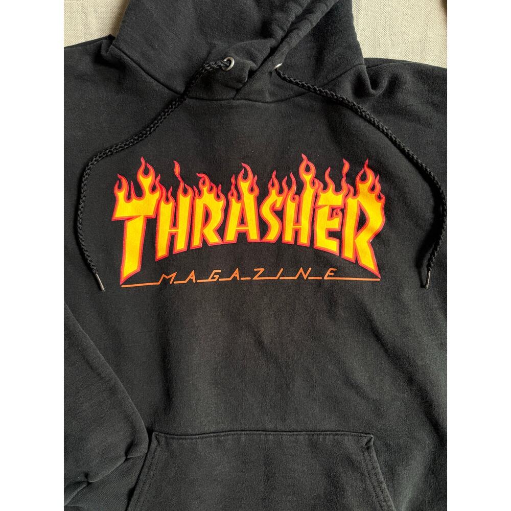 Vtg 2000s Thrasher Magazine Flame Logo Black Hoodie Y2K Skateboard Pullover Med